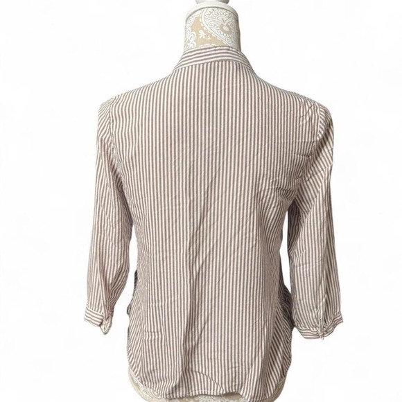 Zara Basic beige & white striped ruffle button blouse, lightweight, size S - Picture 5 of 8